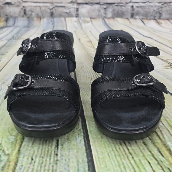 Dansko Jessie Sandals Women’s 41 Black Lizard Leather Wedge Double Strap Slip-On - Picture 4 of 9